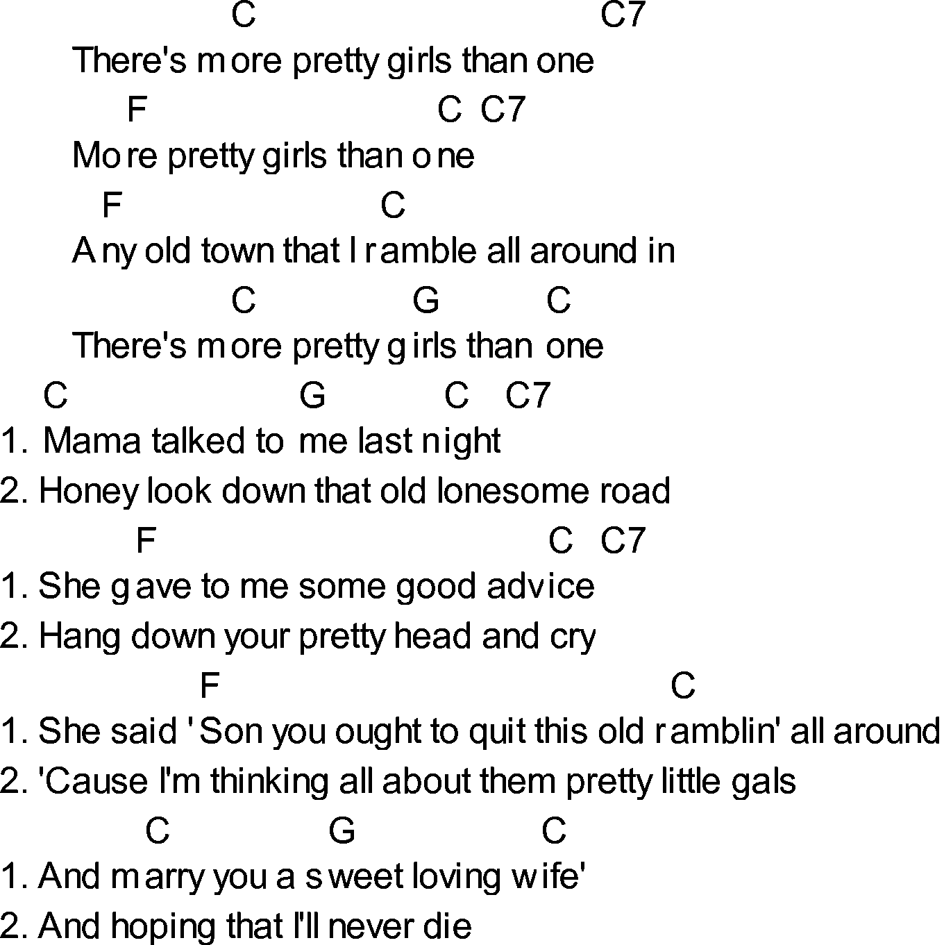 Bluegrass songs with chords - More Pretty Girls Than One